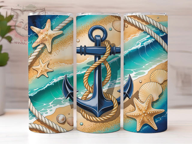 Nautical Anchor Glitter 20oz Tumbler, Blue Glitter, Golden Rope, Beach Theme, Marine Elegance, 20oz Tumbler Wrap, Sublimation PNG Sublimation Lara' s Designs 