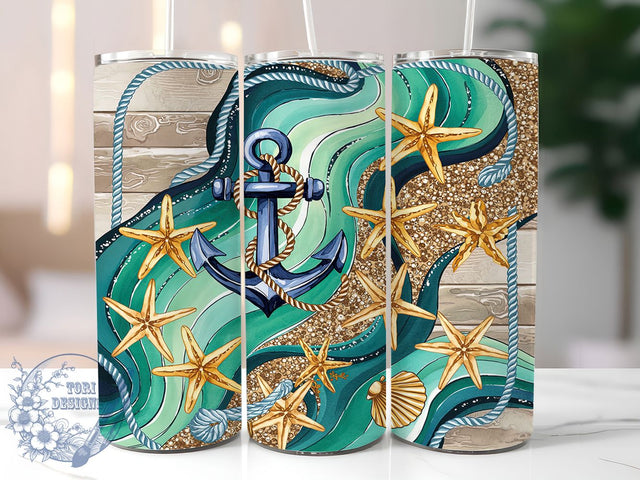 Nautical Anchor Glitter Tumbler Wrap, Anchor Beach Tumbler, Blue Glitter Wrap PNG, 20oz Sublimation Wrap, Ocean Theme Cup Design, Coastal Tumbler PNG, Sea Lover Wrap Sublimation ToriDesigns 