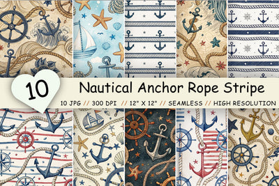Nautical Anchor Rope Stripe Paper Pack, Seamless Digital Paper Bundle, Watercolor Ocean Pattern, Printable Scrapbook Maritime Design Digital Pattern FloridPrintables 