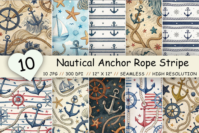 Nautical Anchor Rope Stripe Paper Pack, Seamless Digital Paper Bundle, Watercolor Ocean Pattern, Printable Scrapbook Maritime Design Digital Pattern FloridPrintables 