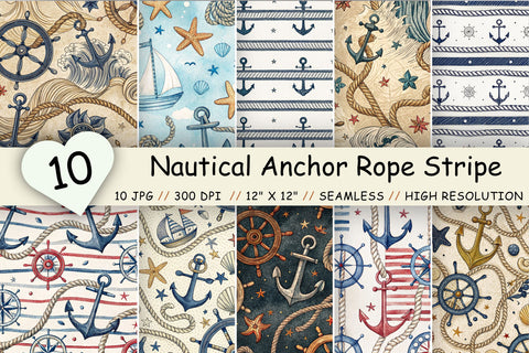 Nautical Anchor Rope Stripe Paper Pack, Seamless Digital Paper Bundle, Watercolor Ocean Pattern, Printable Scrapbook Maritime Design Digital Pattern FloridPrintables 