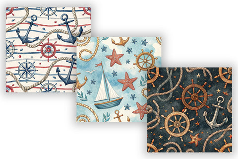 Nautical Anchor Rope Stripe Paper Pack, Seamless Digital Paper Bundle, Watercolor Ocean Pattern, Printable Scrapbook Maritime Design Digital Pattern FloridPrintables 