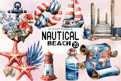 Nautical Beach Clipart Bundle. Sublimation SVGArt 