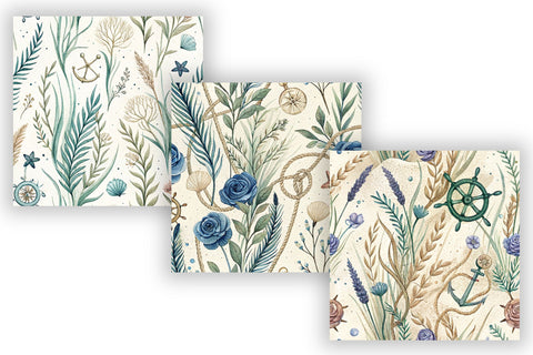Nautical Botanical Digital Paper Pack, Seamless Watercolor Pattern Bundle, Printable Scrapbook Paper, Coastal Wildflower Design Collection Digital Pattern FloridPrintables 