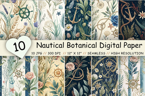 Nautical Botanical Digital Paper Pack, Seamless Watercolor Pattern Bundle, Printable Scrapbook Paper, Coastal Wildflower Design Collection Digital Pattern FloridPrintables 