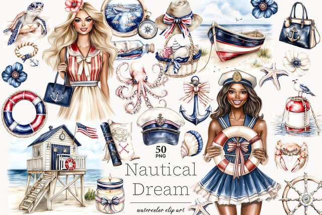 Nautical Clipart PNG | Sailor Girl and Sailboat Graphics SVG GlamArtZhanna 