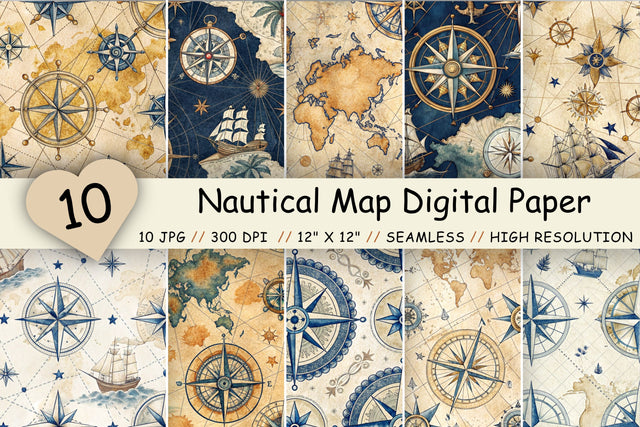 Nautical Map Digital Paper Pack, Seamless Watercolor Antique Pattern Bundle, Printable Scrapbook Paper, Vintage Compass Rose Design Collection Digital Pattern FloridPrintables 