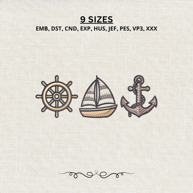 Nautical Sailboat Anchor Wheel Machine Embroidery Design PES DST Stitch Files Embroidery/Applique DESIGNS PatternFeed8 