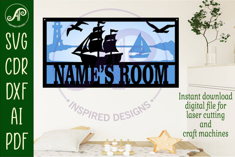 Nautical scene name sign SVG 3 layer laser cut SVG APInspireddesigns 