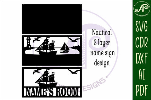 Nautical scene name sign SVG 3 layer laser cut SVG APInspireddesigns 
