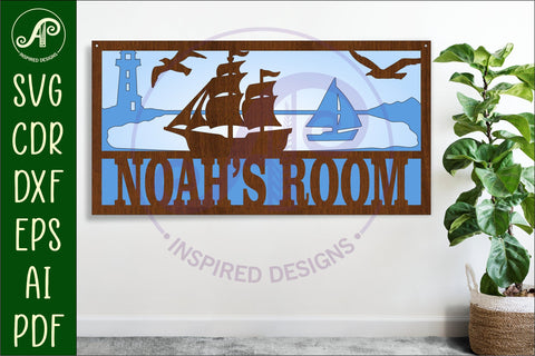 Nautical scene name sign SVG 3 layer laser cut SVG APInspireddesigns 