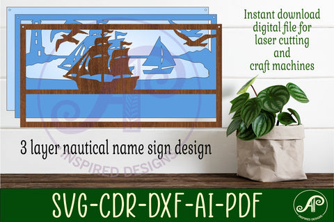 Nautical scene name sign SVG 3 layer laser cut SVG APInspireddesigns 