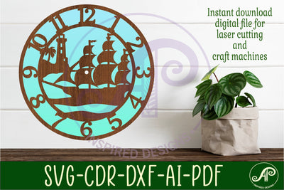 Nautical scene wall clock laser cut files, SVG file. SVG APInspireddesigns 