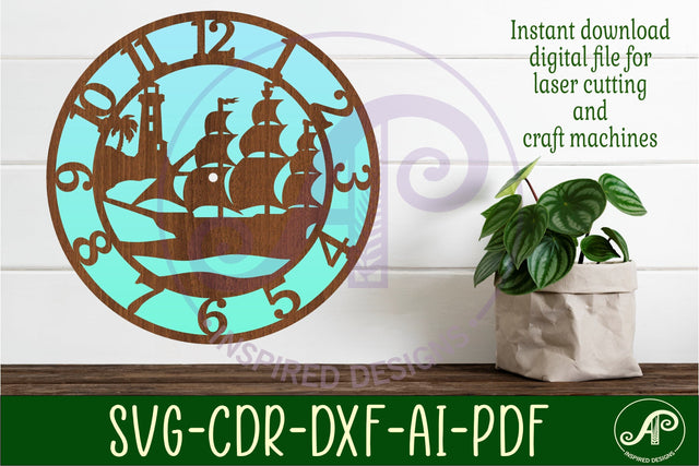 Nautical scene wall clock laser cut files, SVG file. SVG APInspireddesigns 