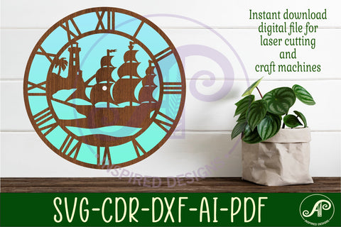 Nautical scene wall clock laser cut files, SVG file. SVG APInspireddesigns 