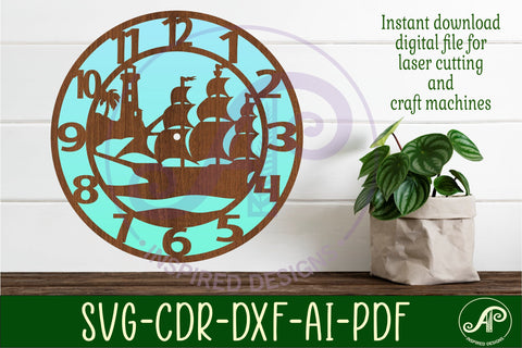 Nautical scene wall clock laser cut files, SVG file. SVG APInspireddesigns 