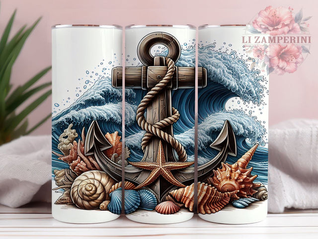 Nautical Tumbler, Anchor Design, Ocean Decor, Sublimation PNG, 20oz Tumbler, Beach Lover Gift, Coastal Drinkware, Seashell Art Sublimation Li Zamperini 