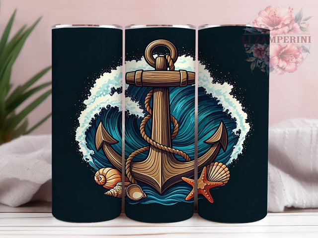 Nautical Tumbler, Anchor Design, Ocean Decor, Sublimation PNG, 20oz Tumbler, Beach Lover Gift, Coastal Drinkware, Seashell Art Sublimation Li Zamperini 