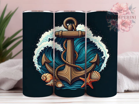 Nautical Tumbler, Anchor Design, Ocean Decor, Sublimation PNG, 20oz Tumbler, Beach Lover Gift, Coastal Drinkware, Seashell Art Sublimation Li Zamperini 
