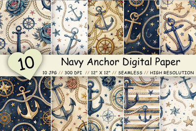 Navy Anchor Digital Paper Pack, Seamless Watercolor Nautical Pattern Bundle, Printable Scrapbook Paper, Maritime Anchor Design Collection Digital Pattern FloridPrintables 