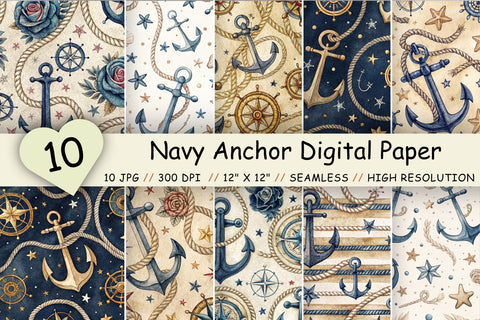 Navy Anchor Digital Paper Pack, Seamless Watercolor Nautical Pattern Bundle, Printable Scrapbook Paper, Maritime Anchor Design Collection Digital Pattern FloridPrintables 