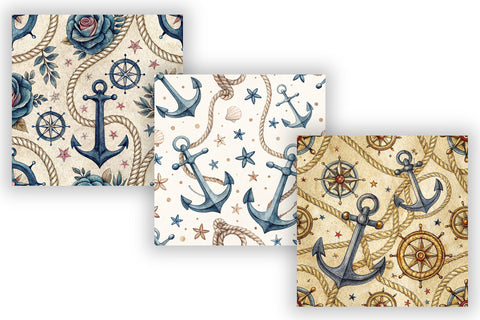 Navy Anchor Digital Paper Pack, Seamless Watercolor Nautical Pattern Bundle, Printable Scrapbook Paper, Maritime Anchor Design Collection Digital Pattern FloridPrintables 