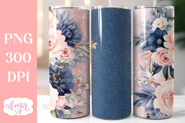 Navy and blush floral tumbler wrap sublimation PNG Sublimation Amorclipart 