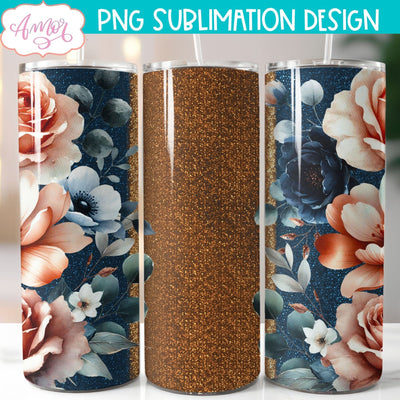 Navy and copper floral tumbler wrap sublimation PNG Sublimation Amorclipart 