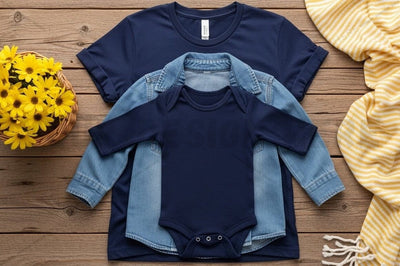 Navy blue baby onesie with denim jacket Mock Up Photo Regulrcrative 
