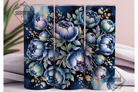 Navy Blue Peony Gold 20oz Tumbler Wrap Sublimation sassyprint 