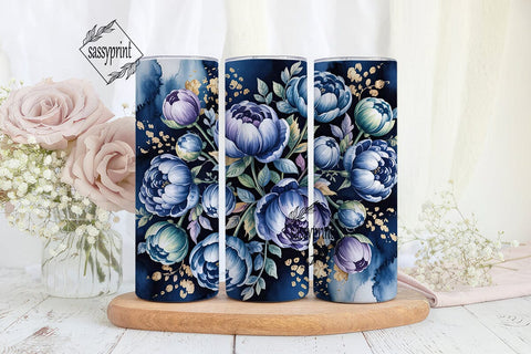 Navy Blue Peony Gold 20oz Tumbler Wrap Sublimation sassyprint 