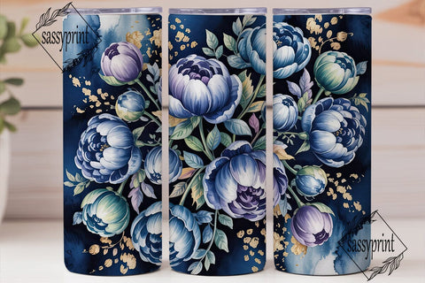 Navy Blue Peony Gold 20oz Tumbler Wrap Sublimation sassyprint 
