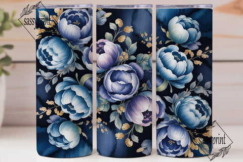 Navy Blue Peony Gold 20oz Tumbler Wrap Sublimation sassyprint 