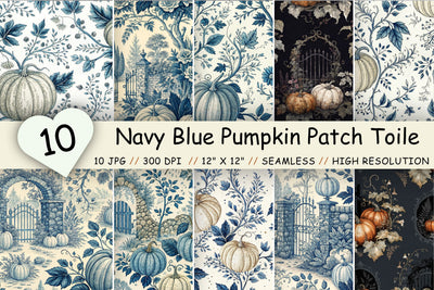 Navy Blue Pumpkin Patch Toile Paper, Seamless Watercolor Pattern Bundle, Printable Scrapbook Paper, Classic Autumn Design Collection Digital Pattern FloridPrintables 