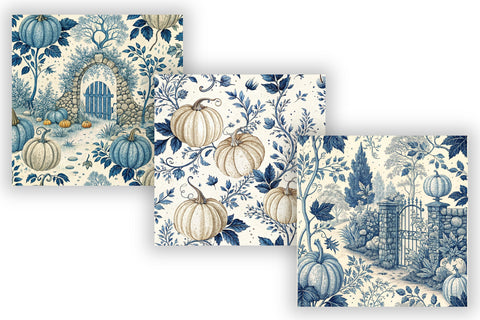 Navy Blue Pumpkin Patch Toile Paper, Seamless Watercolor Pattern Bundle, Printable Scrapbook Paper, Classic Autumn Design Collection Digital Pattern FloridPrintables 