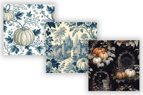 Navy Blue Pumpkin Patch Toile Paper, Seamless Watercolor Pattern Bundle, Printable Scrapbook Paper, Classic Autumn Design Collection Digital Pattern FloridPrintables 
