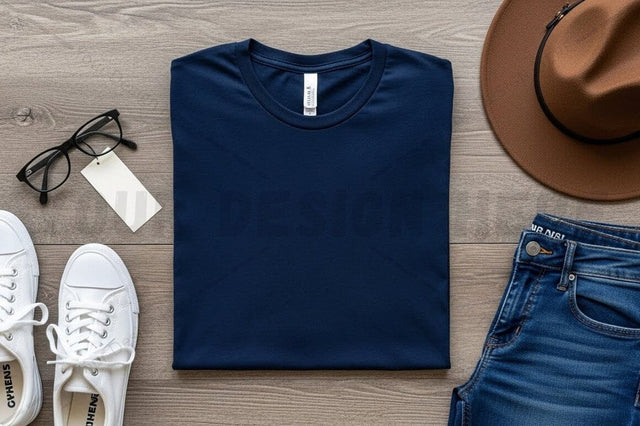 Navy blue t-shirt mockup with accessories Mock Up Photo Regulrcrative 
