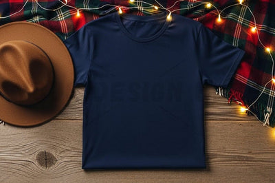 Navy blue t-shirt mockup with christmas decorations Mock Up Photo Designangry 