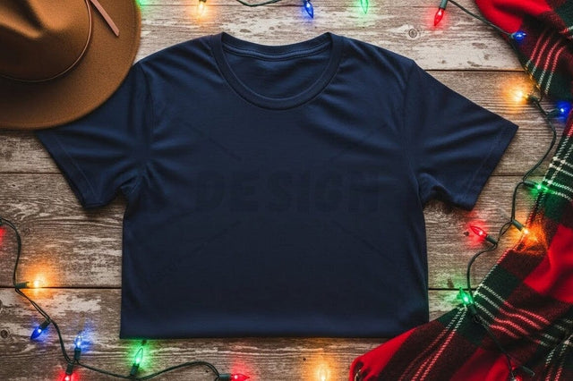 Navy blue t-shirt mockup with holiday decorations Mock Up Photo Designangry 