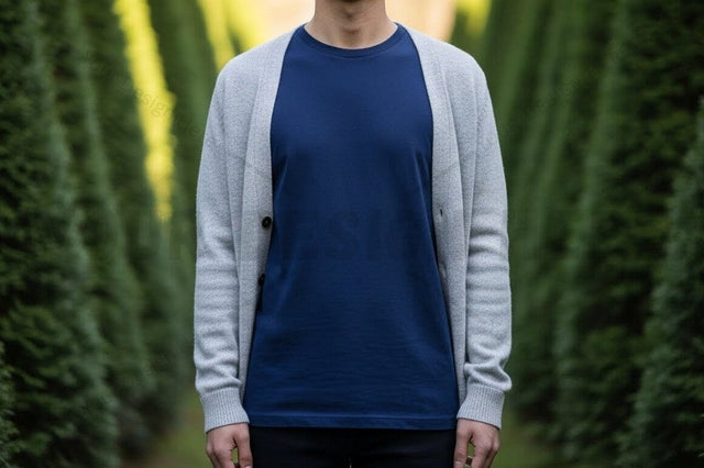Navy blue t-shirt with gray cardigan Mock Up Photo Designangry 