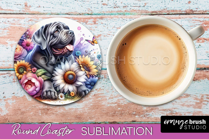Neapolitan Mastiff Round Coaster - Dog Mom Floral Coaster Sublimation Sublimation OrangeBrushStudio 