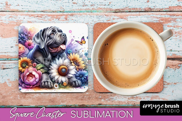 Neapolitan Mastiff Square Coaster - Dog Mom Floral Coaster Sublimation Sublimation OrangeBrushStudio 