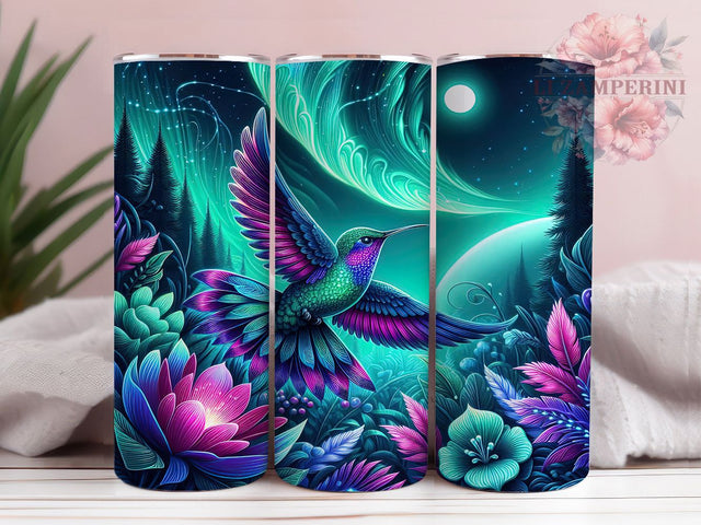 Neon Aurora Hummingbird Tumbler, Aurora Hummingbird Pattern, Northern Lights Bird Design, 20Oz Sublimation Wrap, Glowing Bird Art, Cosmic Hummingbird Texture, Tumbler Sublimation Sublimation Li Zamperini 