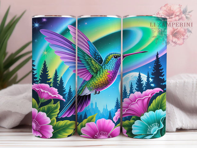 Neon Aurora Hummingbird Tumbler, Aurora Hummingbird Pattern, Northern Lights Bird Design, 20Oz Sublimation Wrap, Glowing Bird Art, Cosmic Hummingbird Texture, Tumbler Sublimation Sublimation Li Zamperini 