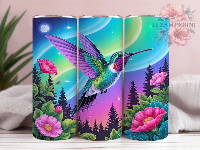 Neon Aurora Hummingbird Tumbler, Aurora Hummingbird Pattern, Northern Lights Bird Design, 20Oz Sublimation Wrap, Glowing Bird Art, Cosmic Hummingbird Texture, Tumbler Sublimation Sublimation Li Zamperini 