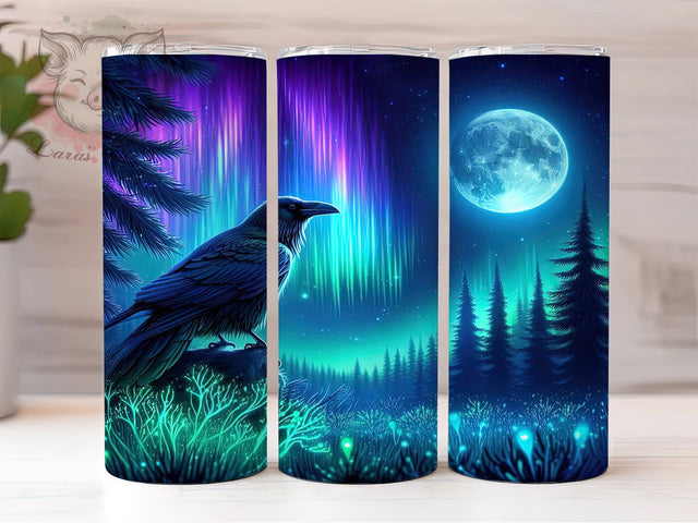 Neon Aurora Raven Tumbler, Aurora Raven Pattern, Northern Lights Bird, 20Oz Sublimation Wrap, Glowing Raven Art, Cosmic Bird Texture, Tumbler Sublimation Sublimation Lara' s Designs 