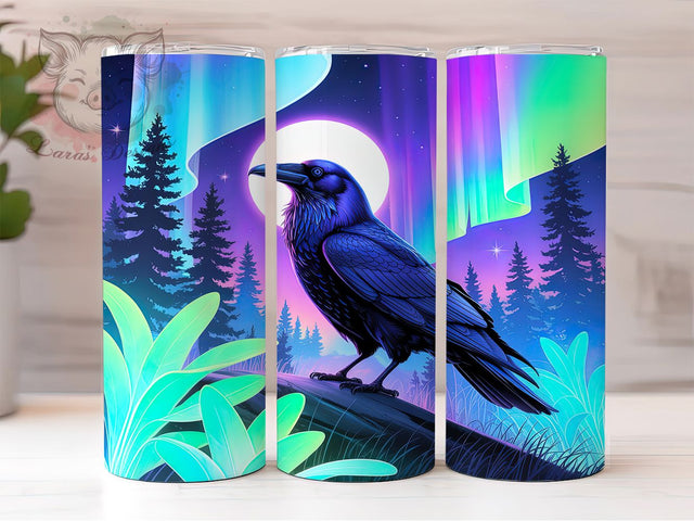 Neon Aurora Raven Tumbler, Aurora Raven Pattern, Northern Lights Bird, 20Oz Sublimation Wrap, Glowing Raven Art, Cosmic Bird Texture, Tumbler Sublimation Sublimation Lara' s Designs 