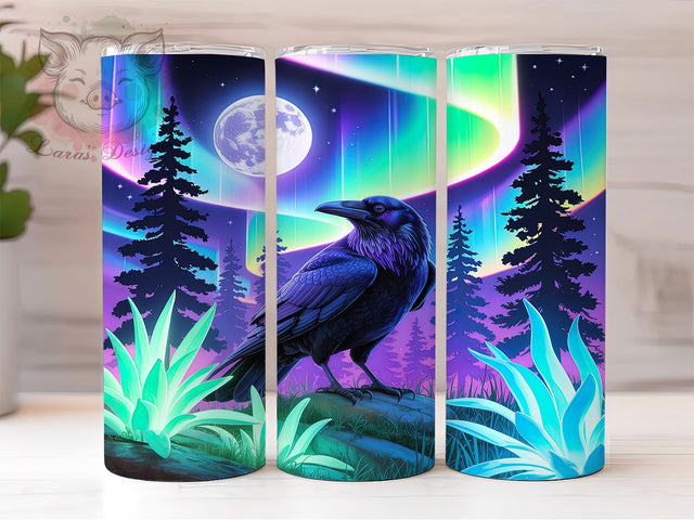 Neon Aurora Raven Tumbler, Aurora Raven Pattern, Northern Lights Bird, 20Oz Sublimation Wrap, Glowing Raven Art, Cosmic Bird Texture, Tumbler Sublimation Sublimation Lara' s Designs 