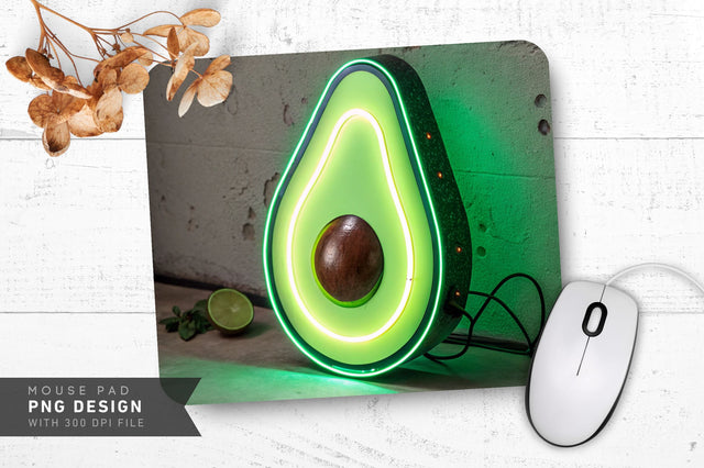 Neon Avocado with Glowing Pit Mouse Pad PNG Design Sublimation Regulrcrative 