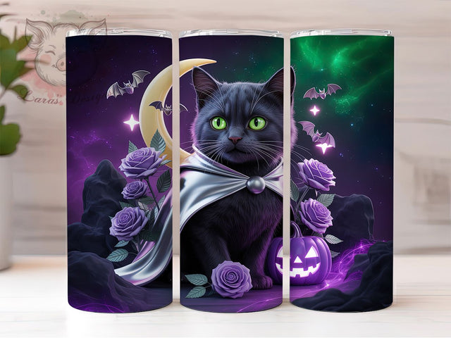 Neon Black Cat Spooky Halloween Tumbler, Halloween Cat Mug, Spooky Season Drinkware, 20Oz Tumbler Wrap, Sublimation Design, Glow In The Dark Style, Retro Neon Print Sublimation Lara' s Designs 